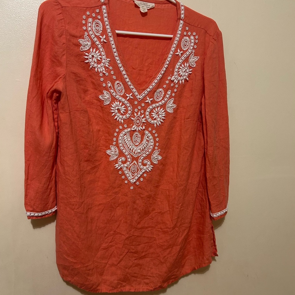 Charter Club Coral V-Neck Embroidered Tunic